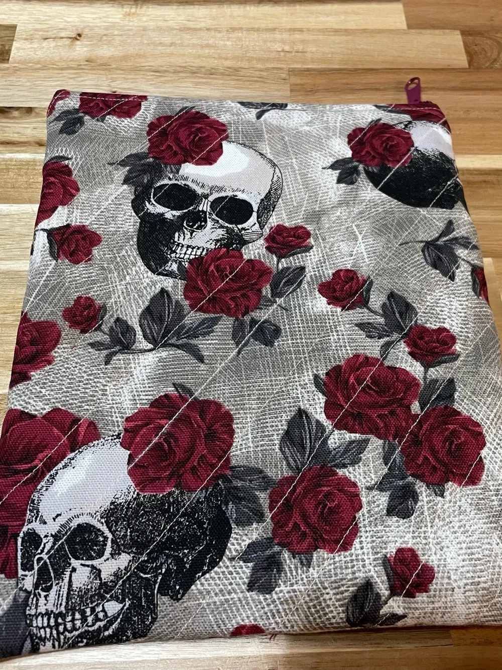 Floral Skull book sleeve zipper pouch - Red Rose Print